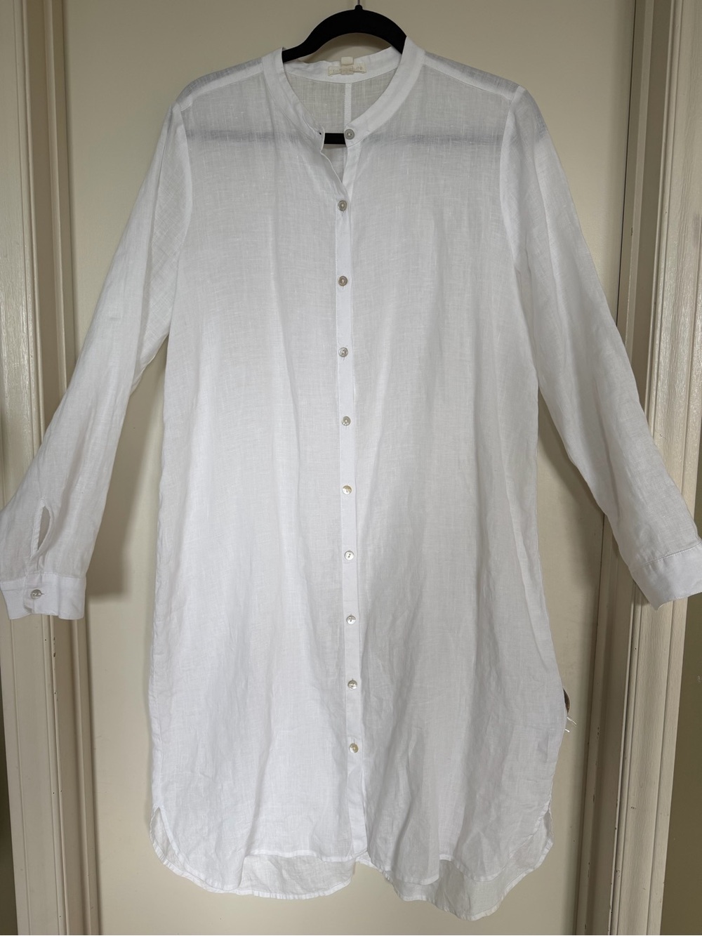 Eileen Fisher White Organic Linen Long Button Front Tunic Shirt Dress M